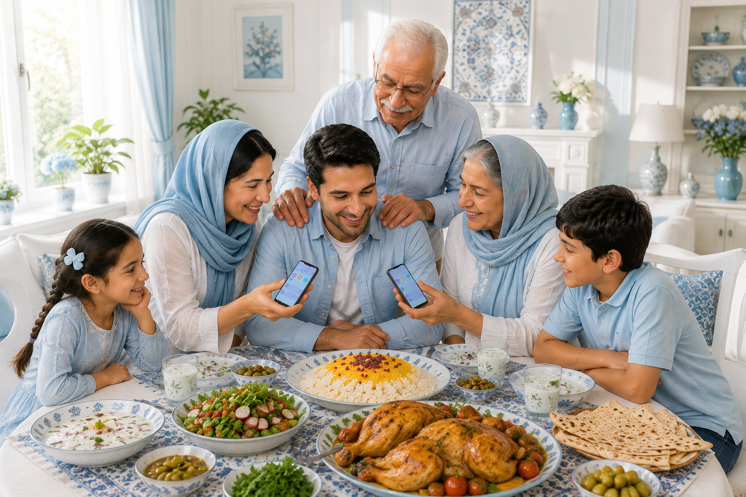 خانواده‌ای دورهم در حال استفاده از اپلیکیشن مانیار